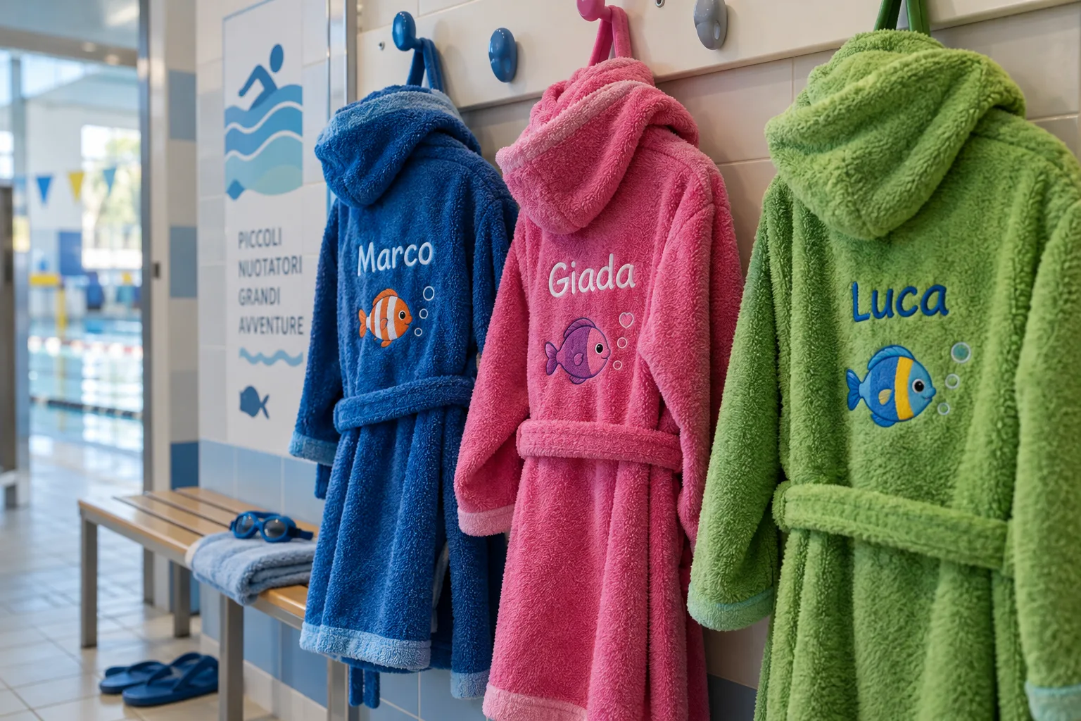 Accappatoi colorati per bambini con nomi e pesciolini ricamati