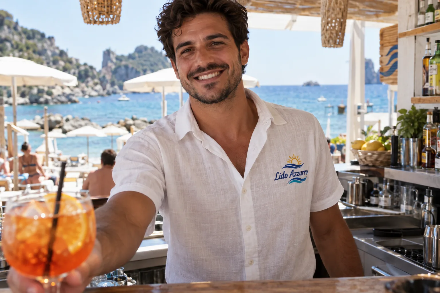 Barista al bar sulla spiaggia con camicia di lino bianca e logo del lido ricamato