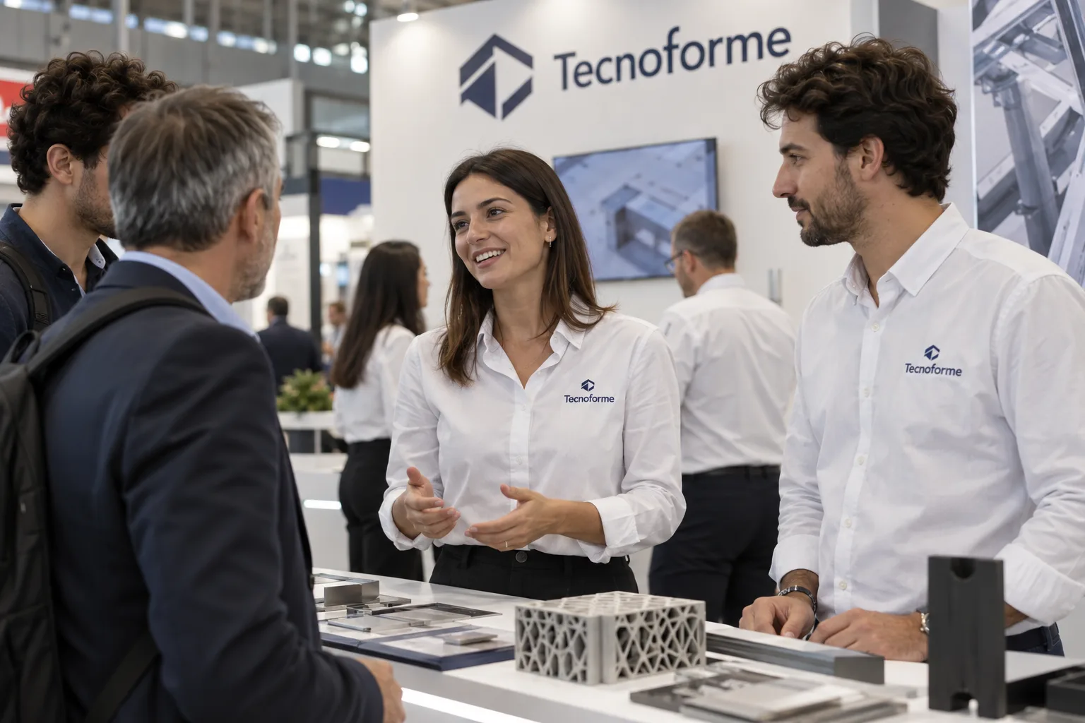 Staff di uno stand fieristico con camicie bianche e logo aziendale ricamato