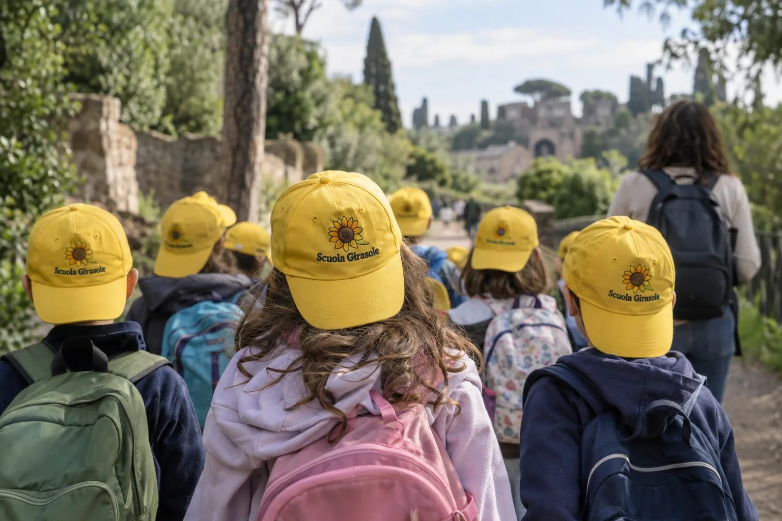 Bambini di spalle in gita con cappellini gialli e girasole ricamato