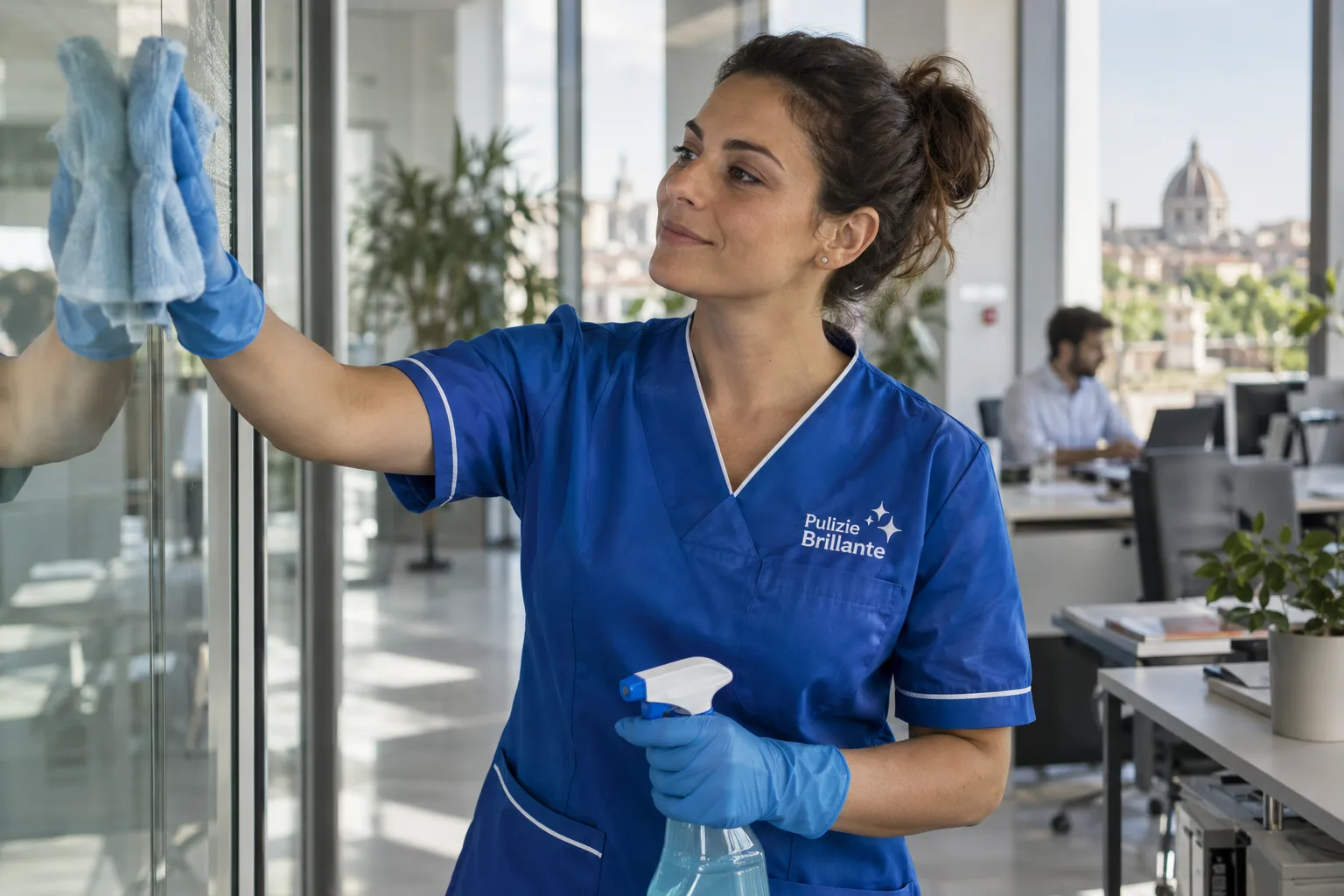 Addetta alle pulizie in ufficio con casacca blu e logo ricamato in bianco