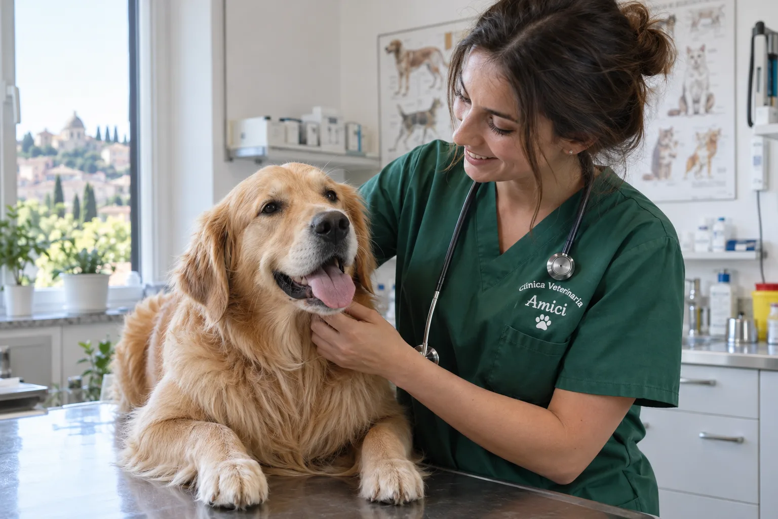 Veterinaria con casacca verde e logo della clinica ricamato mentre visita un cane