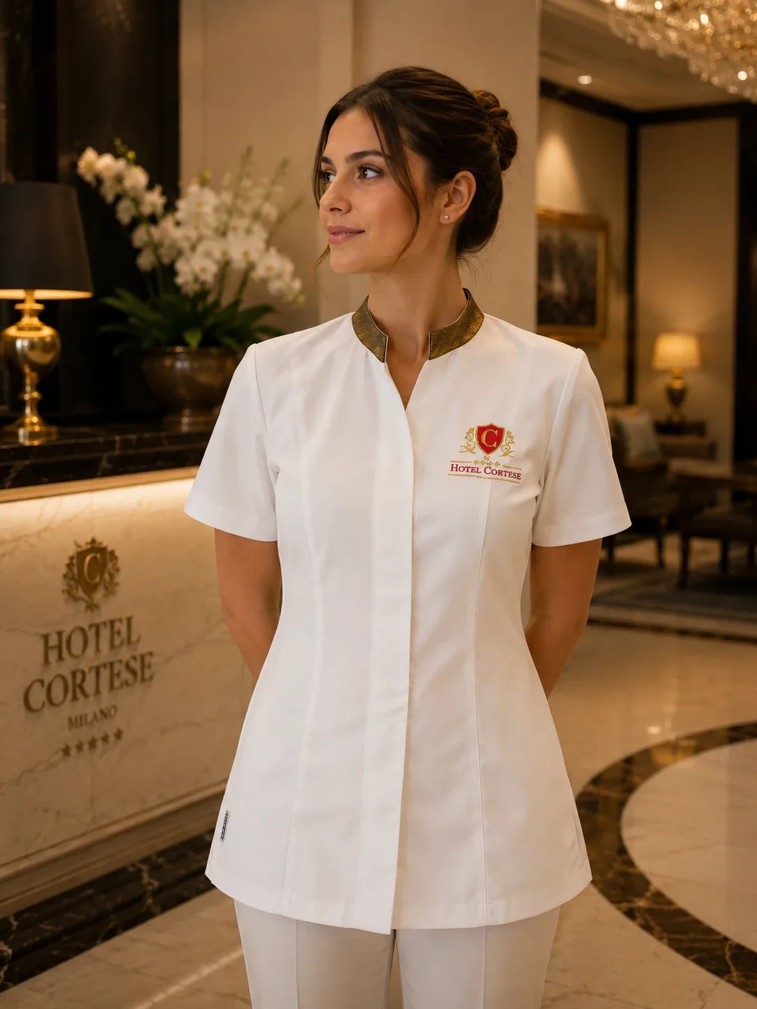Casacca bianca da reception d’albergo con stemma dell’hotel ricamato in oro e rosso