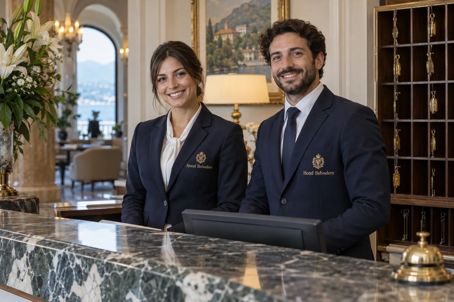 Receptionist d’albergo con giacche blu e stemma dell’hotel ricamato in oro sul petto