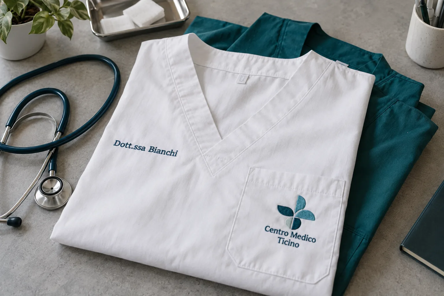 Casacche mediche piegate con nome del medico e logo della clinica ricamati