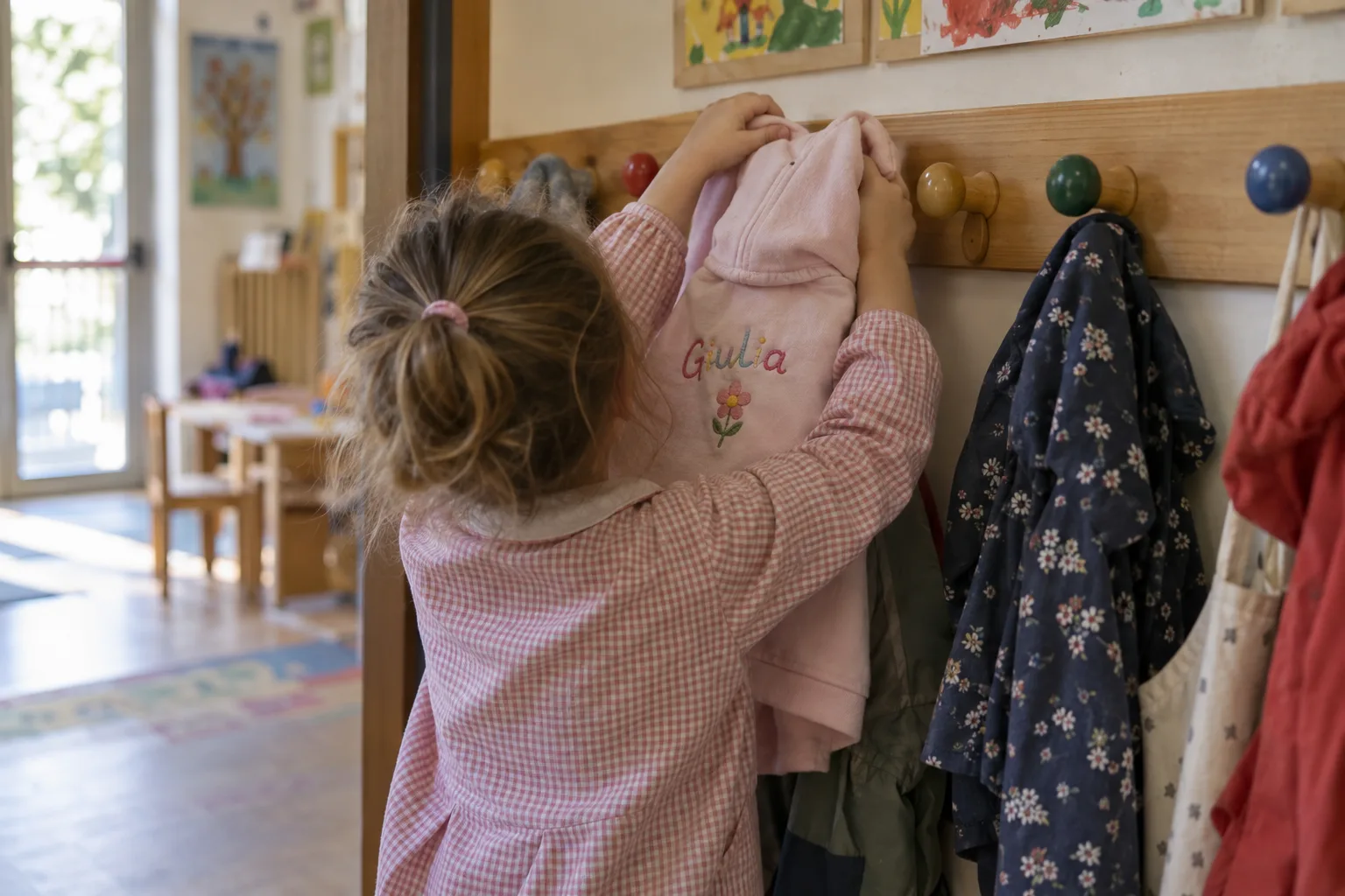 Bambina di spalle che appende una felpa rosa con il nome Giulia ricamato