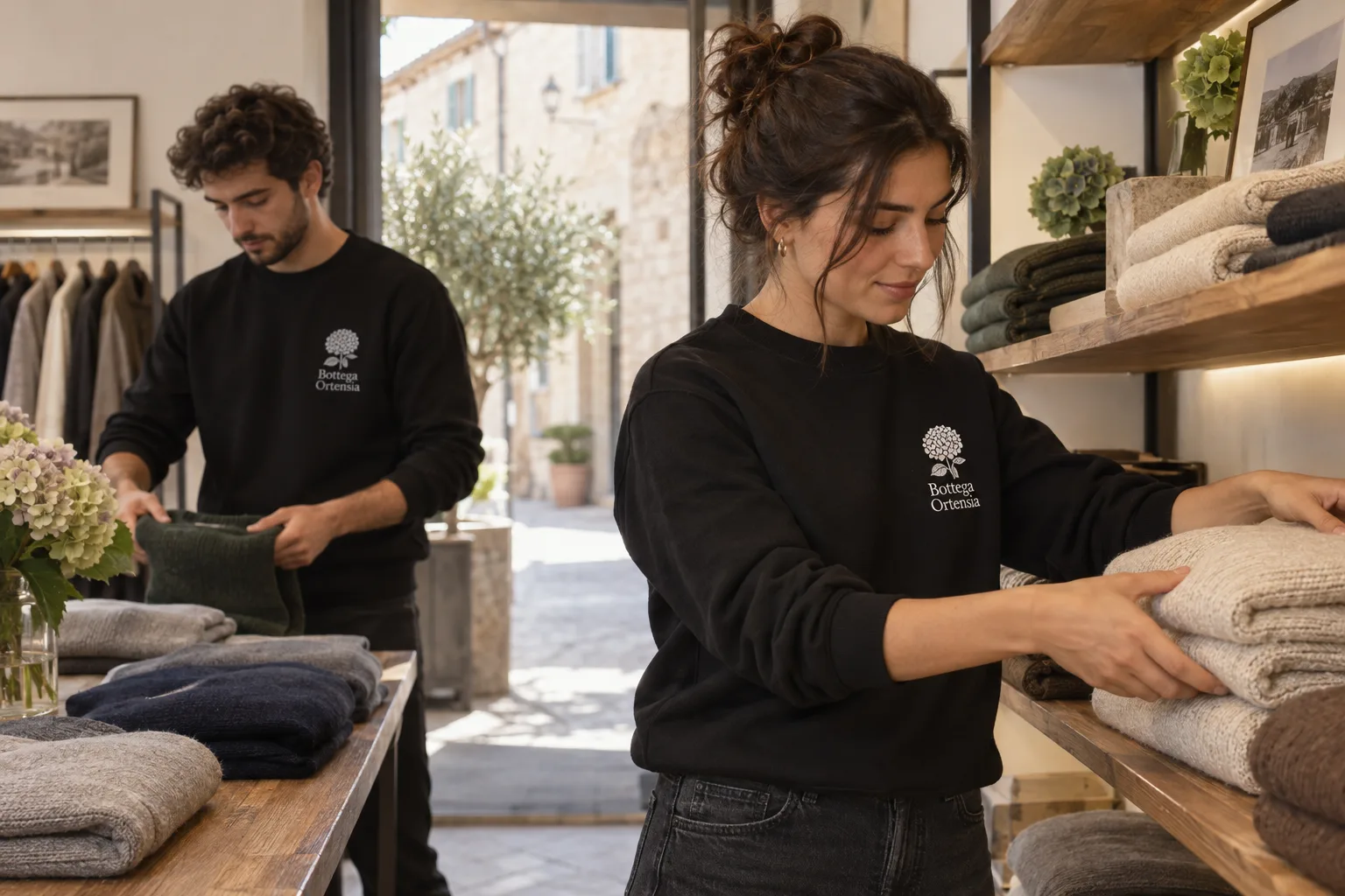 Commessi in boutique con felpe nere e logo del negozio ricamato in bianco