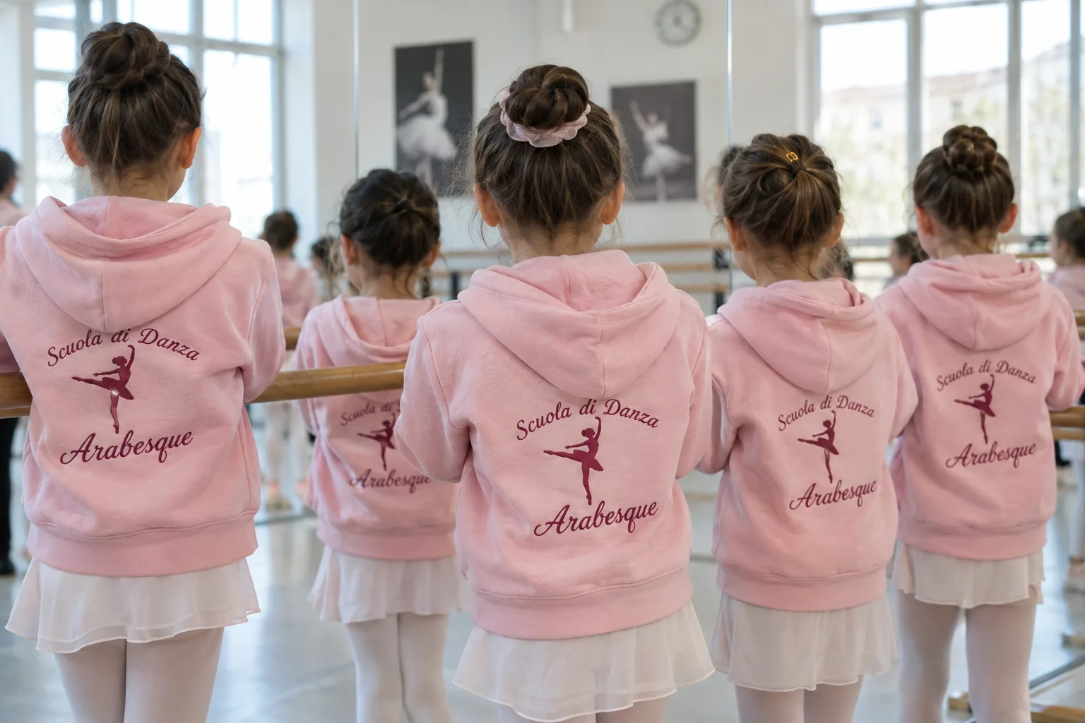 Bambine di spalle in sala danza con felpe rosa e logo della scuola ricamato