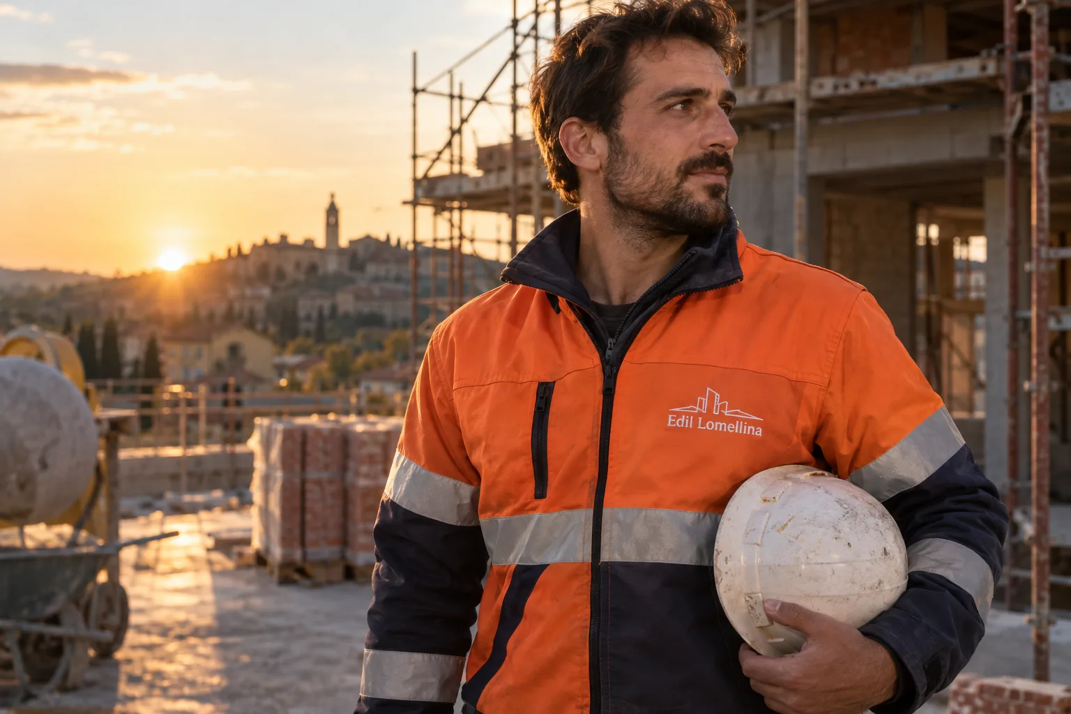 Operaio in cantiere con giacca arancione ad alta visibilità e logo dell’impresa edile ricamato