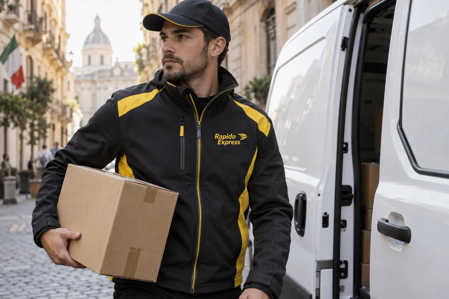 Corriere con pacco accanto al furgone, giacca softshell nera e gialla con logo ricamato