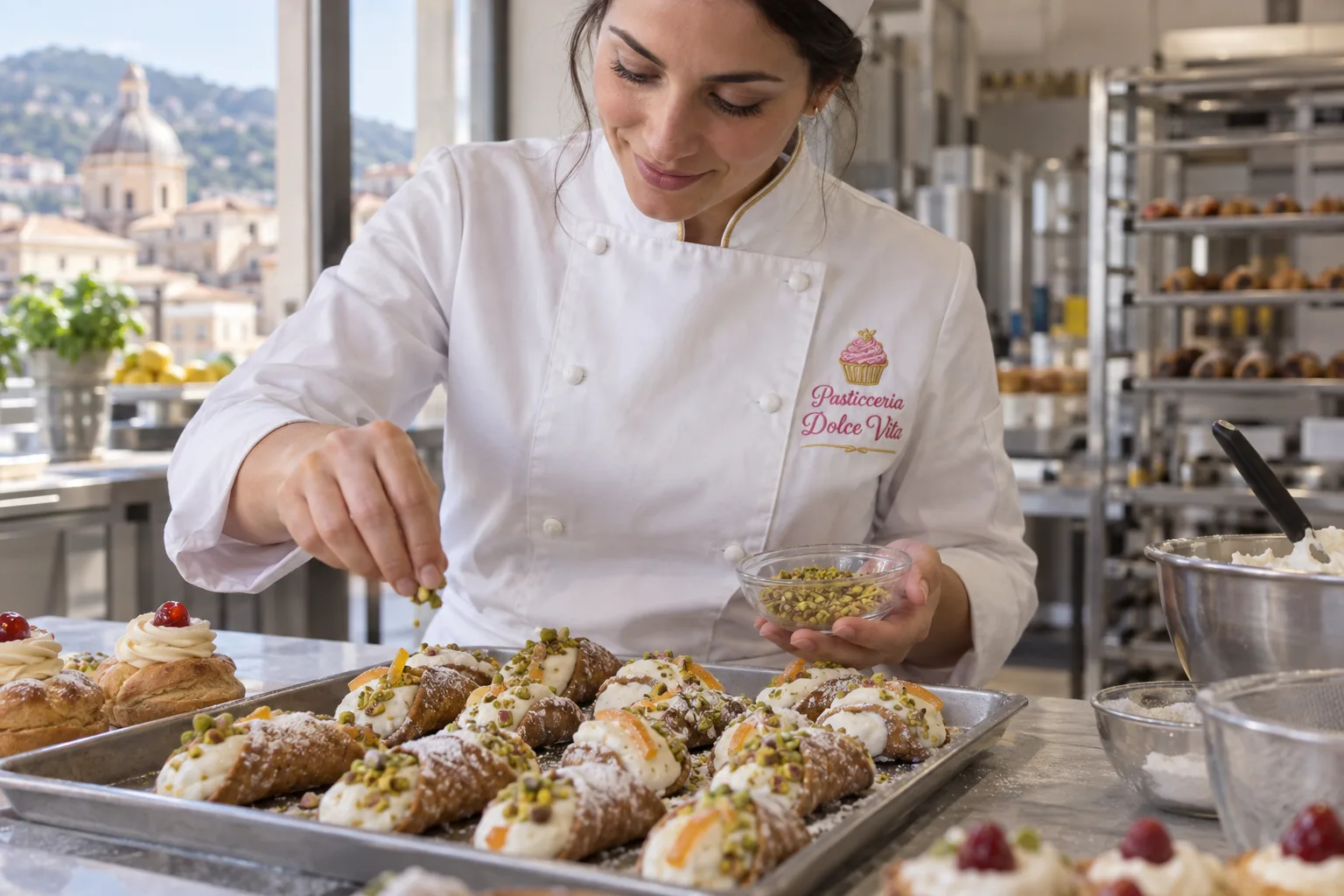 Pasticcera in laboratorio con giacca bianca e logo della pasticceria ricamato in rosa e oro