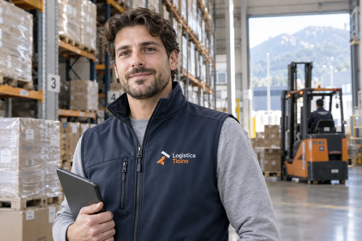 Addetto alla logistica in magazzino con gilet softshell blu e logo ricamato