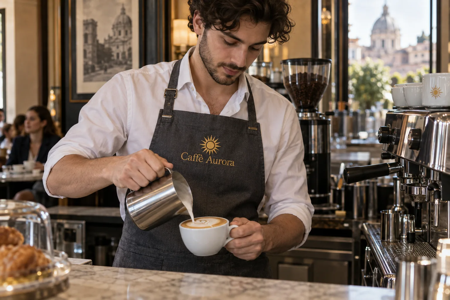 Barista che prepara un cappuccino con grembiule grigio a pettorina e logo del caffè ricamato in oro