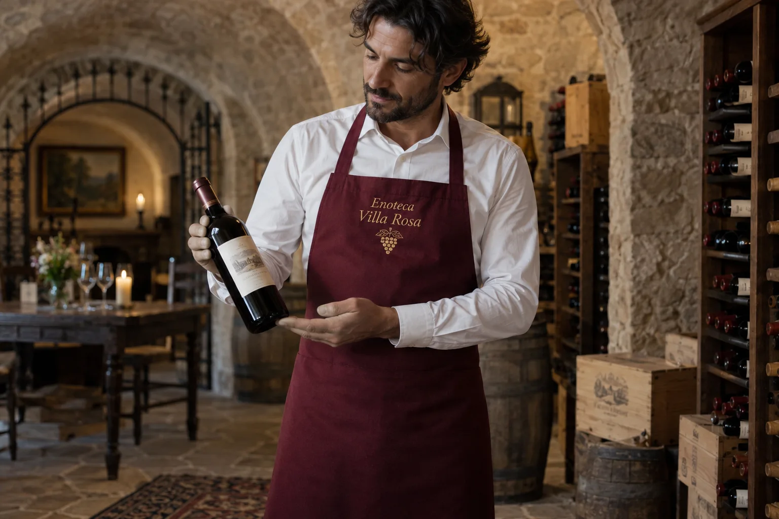 Sommelier in cantina con grembiule bordeaux e logo dell’enoteca ricamato in oro