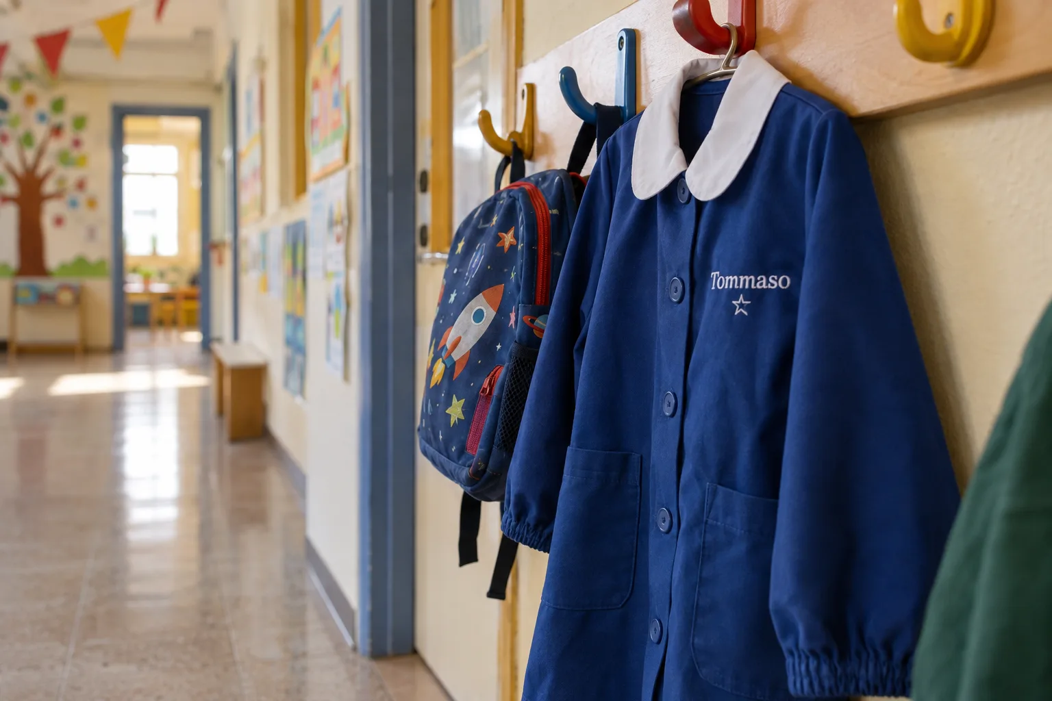 Grembiulino blu da scuola con il nome Tommaso ricamato in bianco