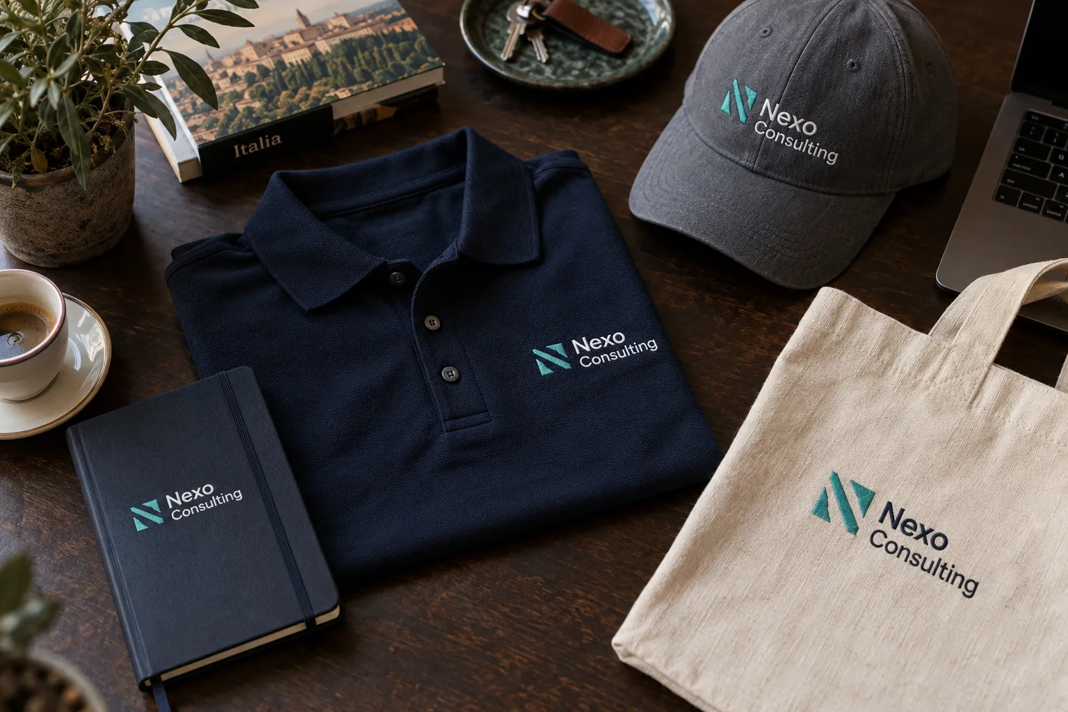 Polo, cappellino, shopper e taccuino con lo stesso logo aziendale ricamato