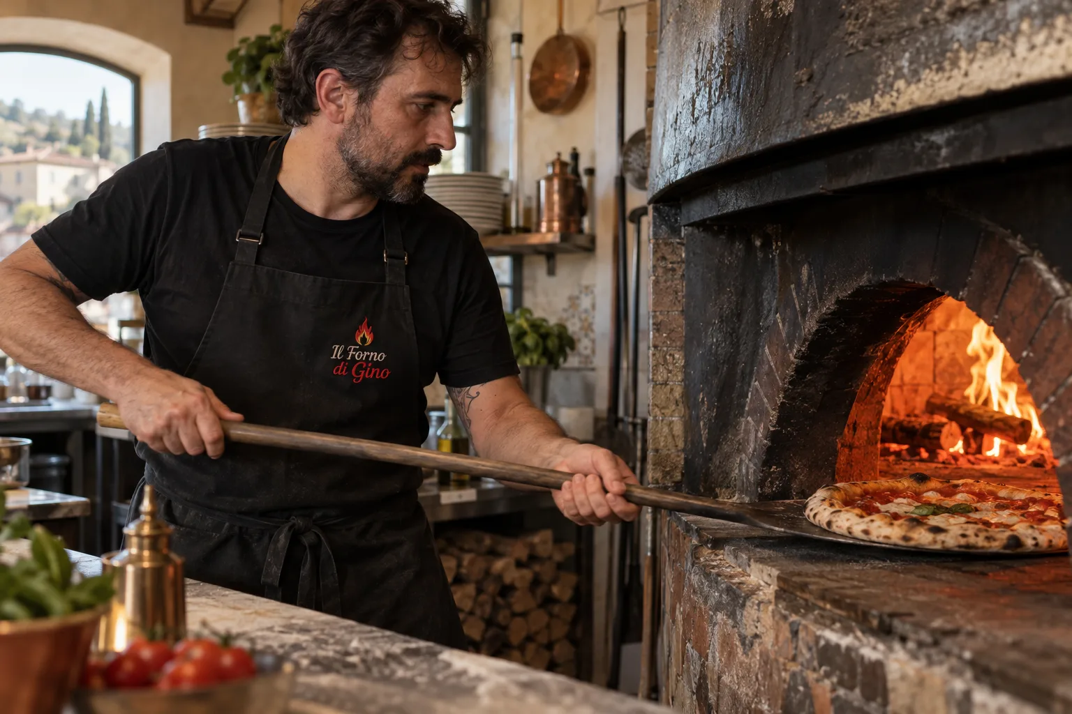 Pizzaiolo al forno a legna con maglia e grembiule neri e logo della pizzeria ricamato