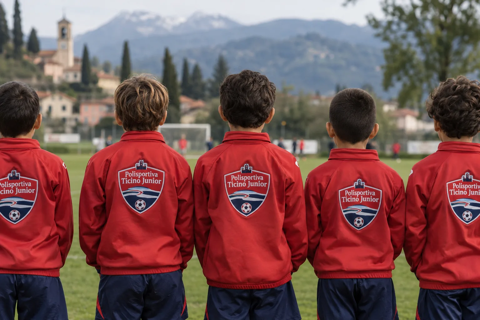Giovani calciatori di spalle con felpe rosse e stemma della società ricamato