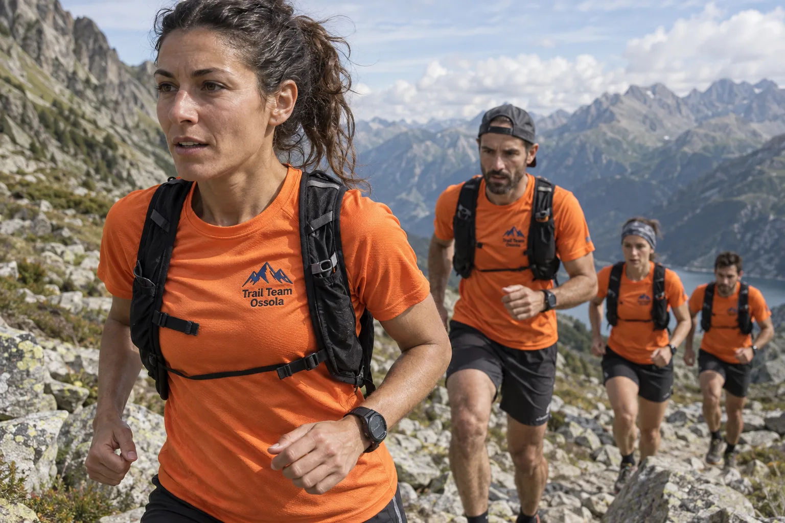 Gruppo di trail runner con magliette tecniche arancioni e logo della squadra ricamato