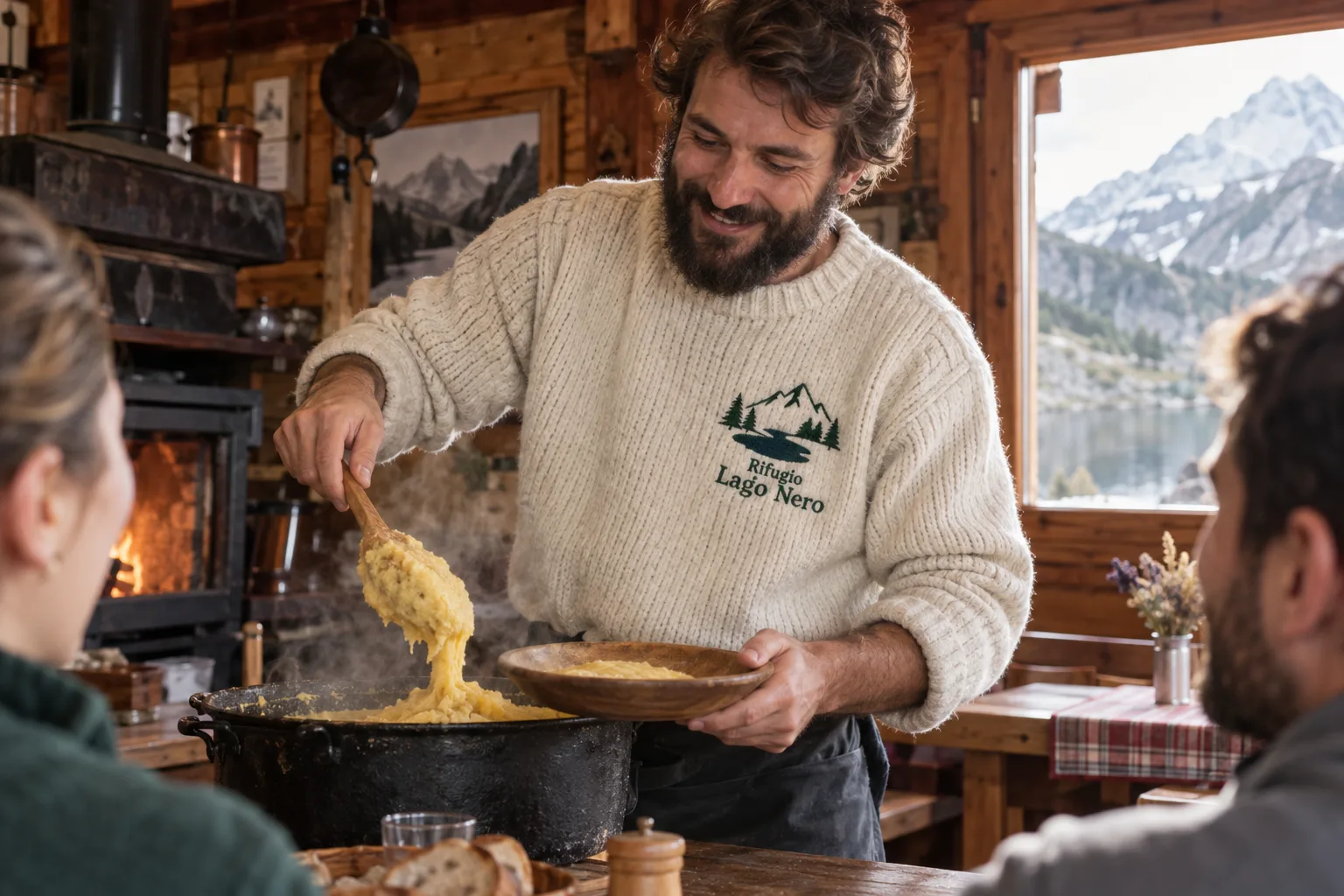 Gestore di rifugio con maglione di lana color crema e logo ricamato in verde