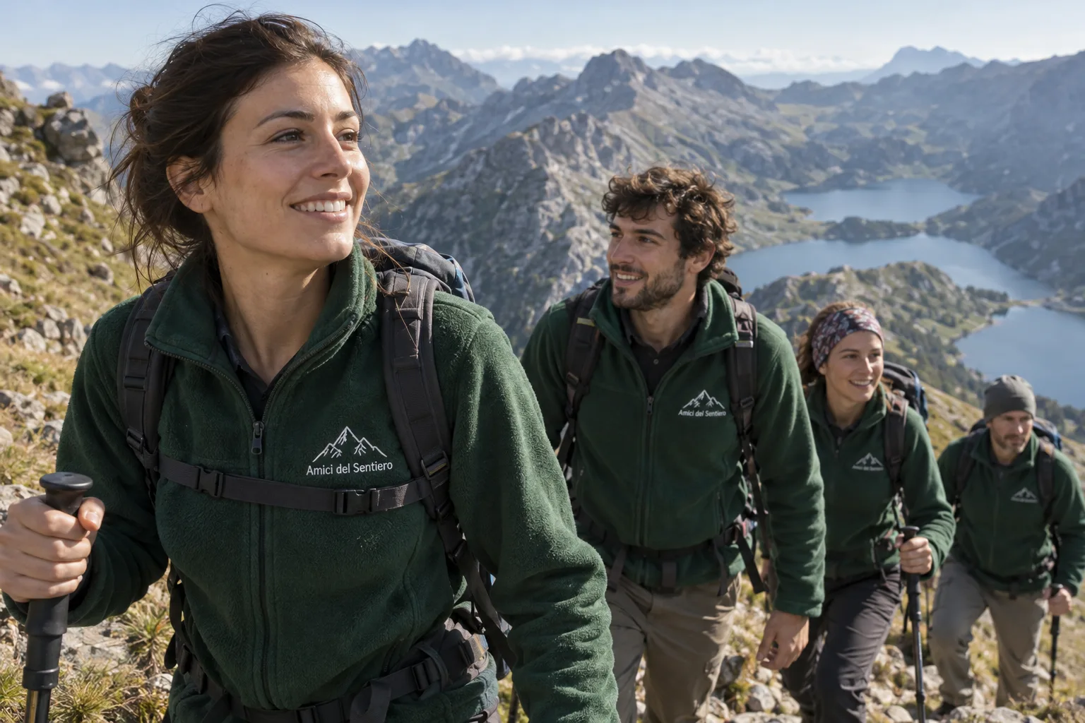 Gruppo di escursionisti con pile verdi coordinati e logo dell’associazione ricamato