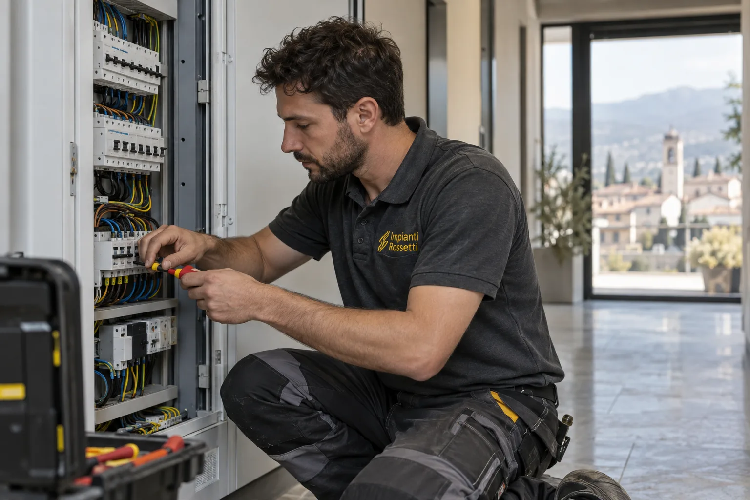 Elettricista al quadro elettrico con polo da lavoro grigia e logo ricamato in giallo