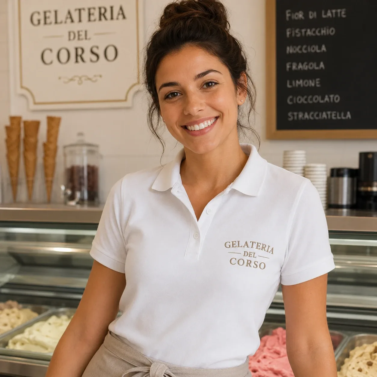 Polo bianca da banco con il nome della gelateria ricamato in tono