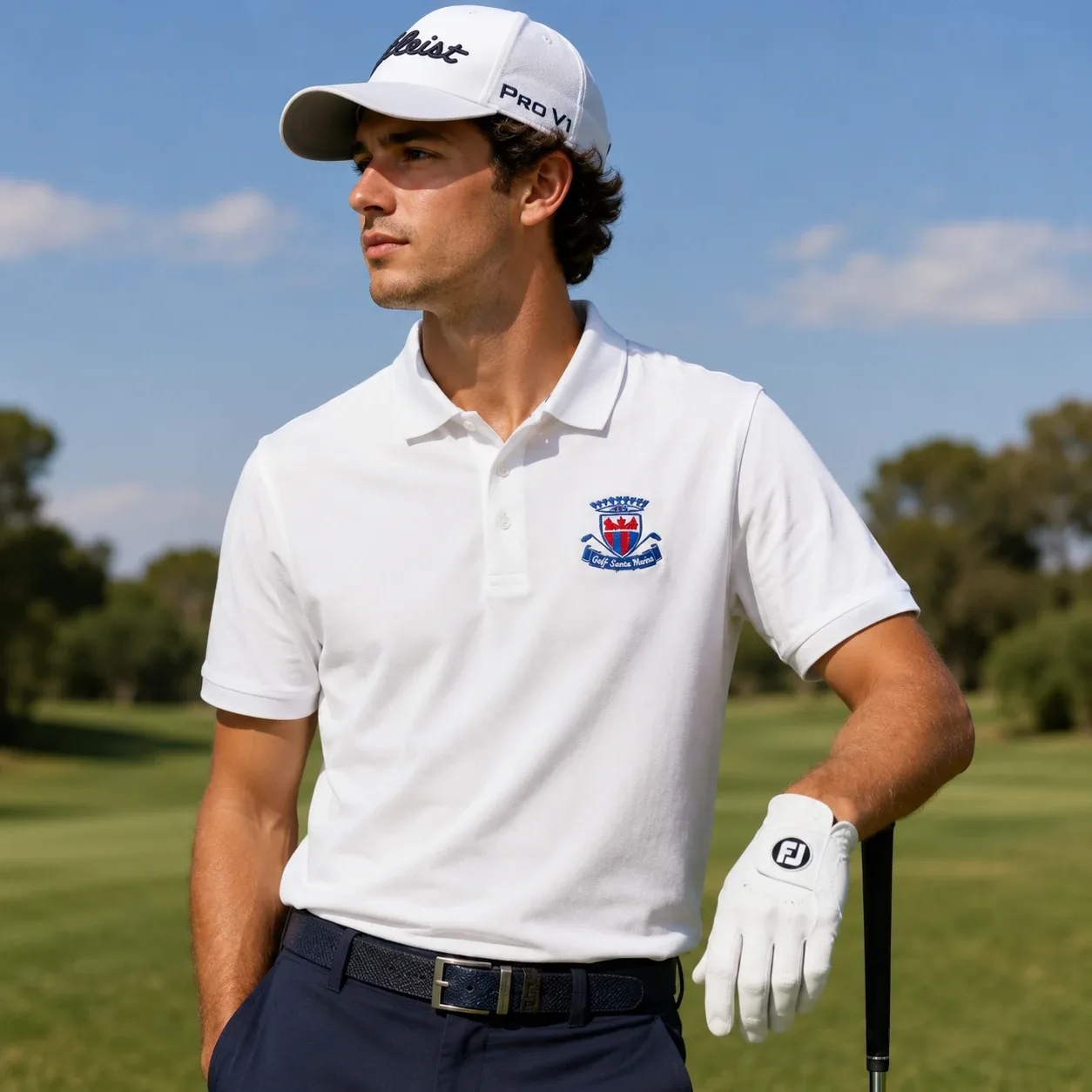 Polo bianca da uomo con lo stemma del circolo di golf ricamato sul petto