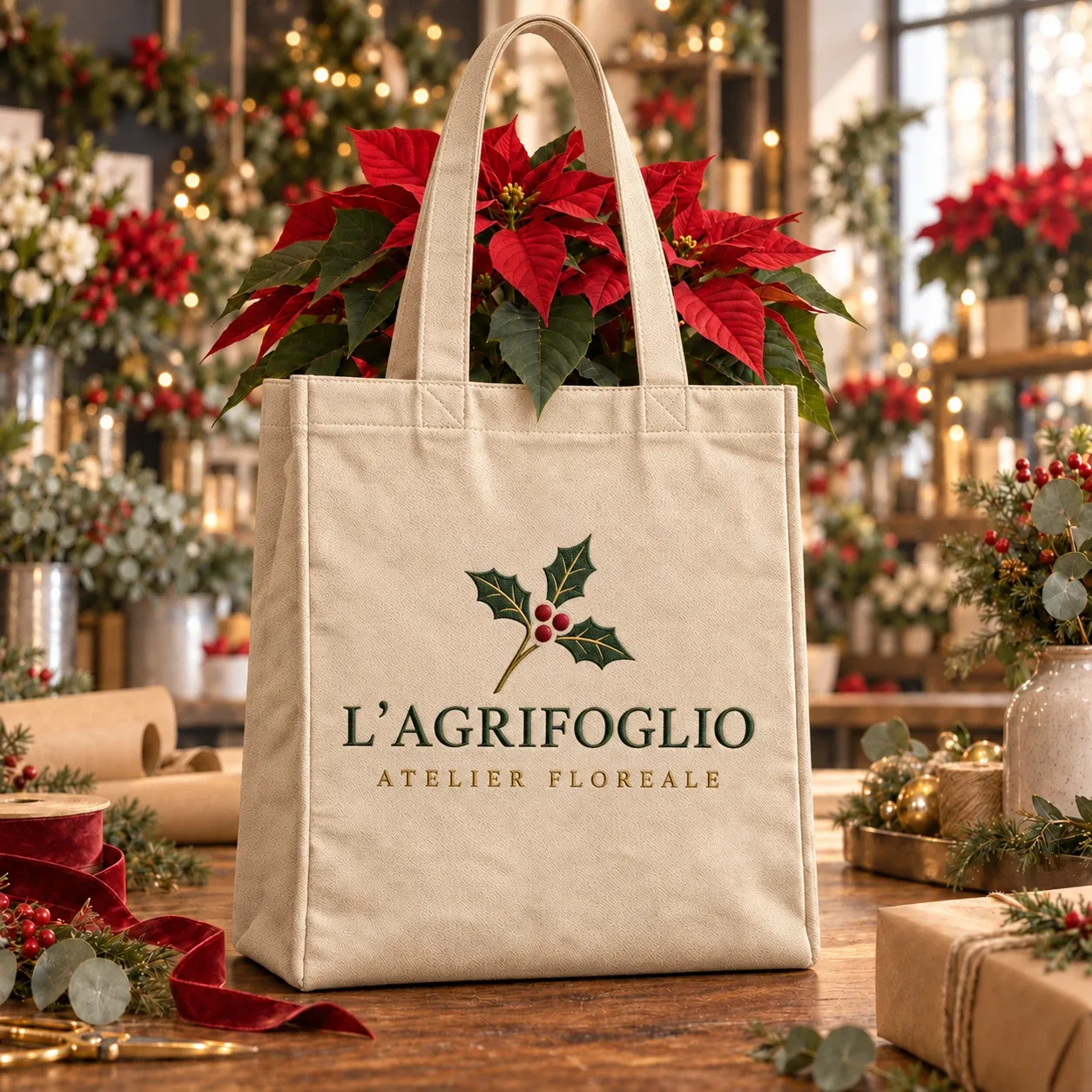 Shopper in tela con logo e nome dell’atelier floreale ricamati