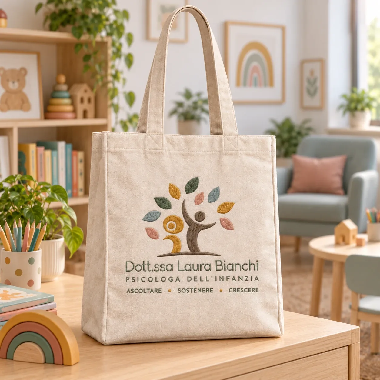 Shopper in tela con il logo a colori di uno studio di psicologia ricamato