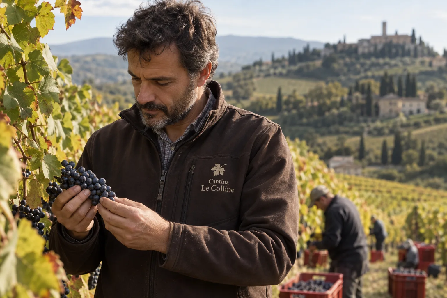 Viticoltore in vigna con softshell marrone e logo della cantina ricamato