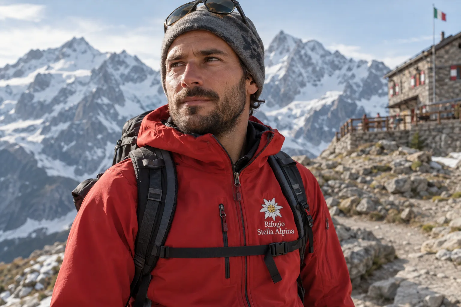 Guida alpina con softshell rossa e logo del rifugio ricamato con stella alpina