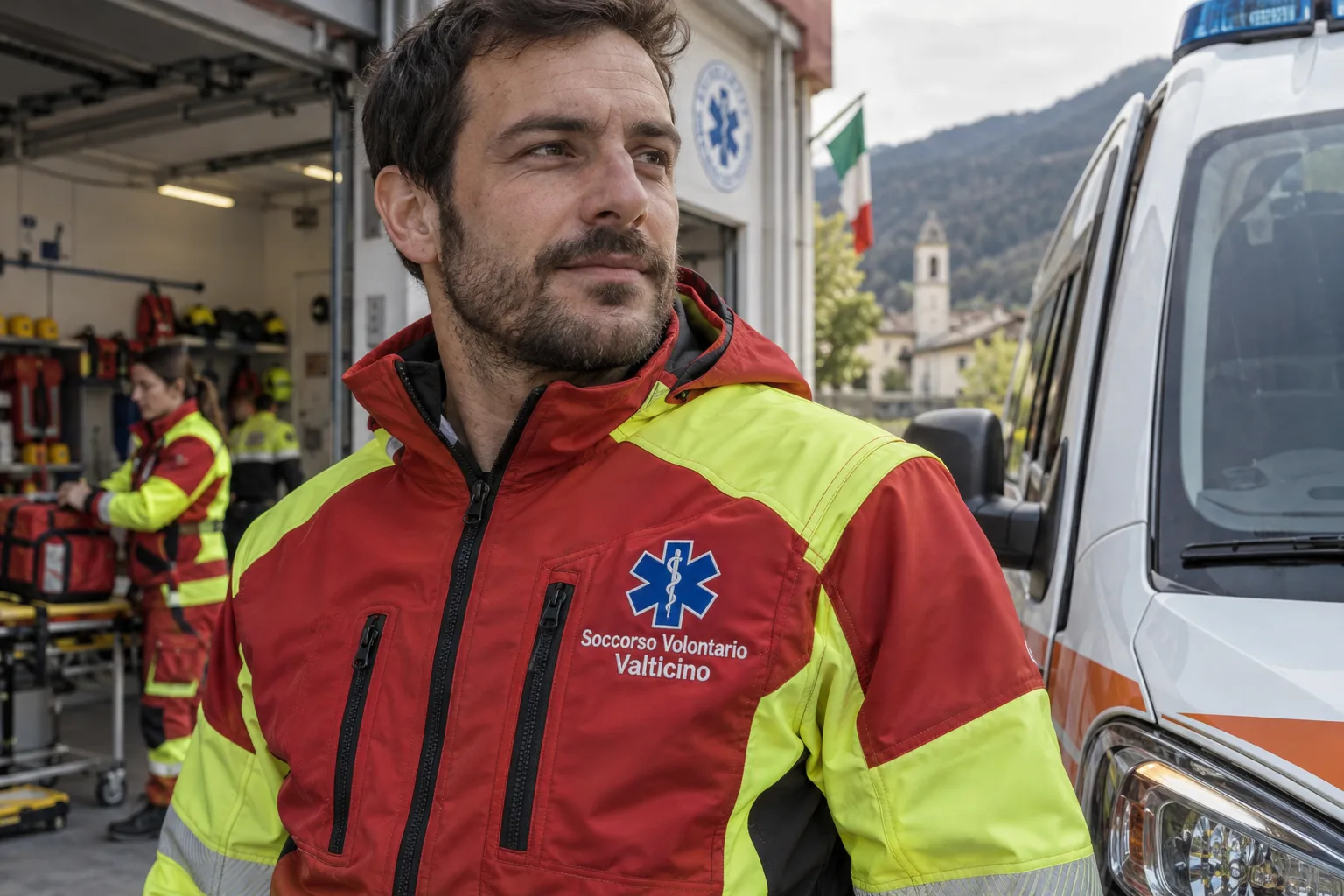 Soccorritore volontario con softshell rossa e gialla e stemma ricamato accanto all’ambulanza