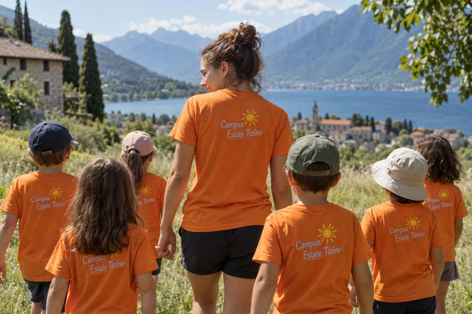 Animatrice e bambini di spalle con t-shirt arancioni del centro estivo ricamate