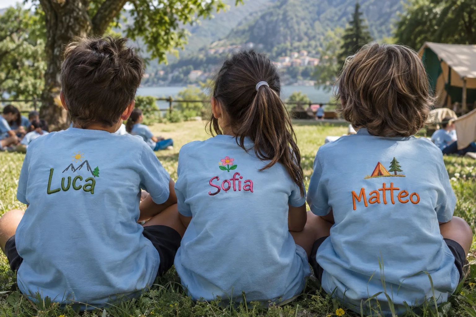 Bambini di spalle con t-shirt azzurre e nomi ricamati sul retro