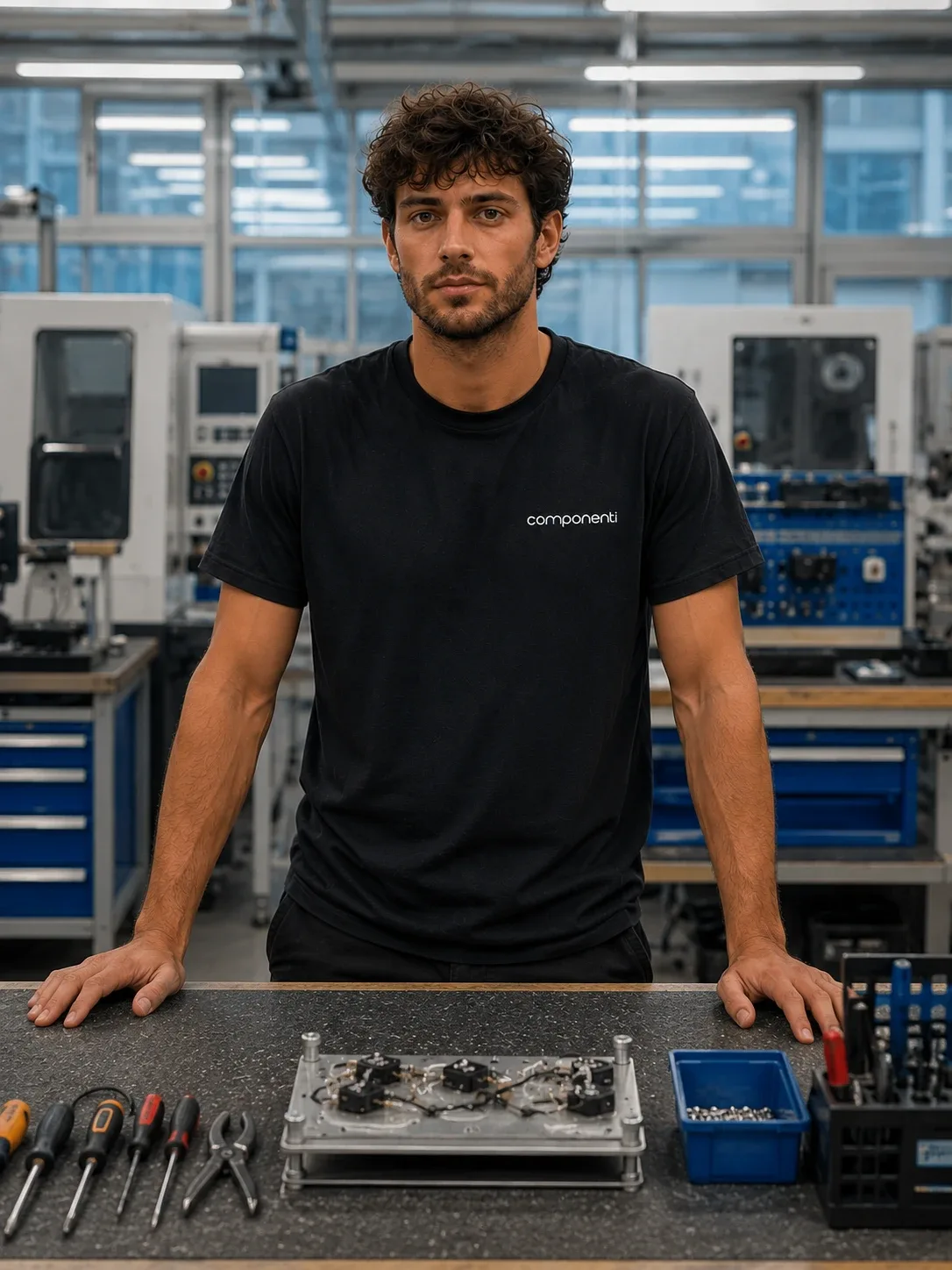 T-shirt nera da lavoro con il logo aziendale ricamato, indossata in un reparto di produzione