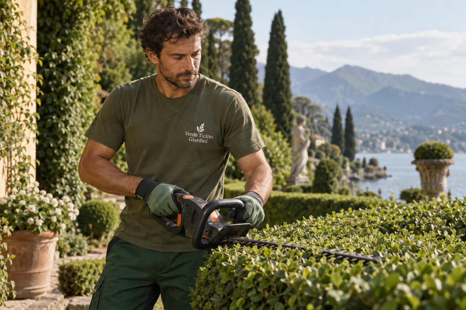 Giardiniere al lavoro con t-shirt verde oliva e logo dell’impresa ricamato