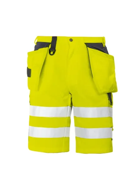 Bermuda alta visibilità multitasche EN ISO 20471 classe 2/1 ProJob 6503 — Pantaloni corti alta visibilità con tasche flottanti. Scomparti e tasche porta attrezzi. Tasca per smartphone.