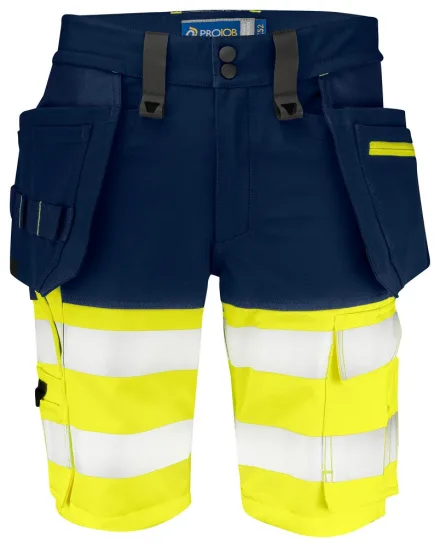 Bermuda EN ISO 20471 classe 1 ProJob 6580 — Pantaloni corti elasticizzati. Tasche flottanti rinforzate in Cordura®, facilmente removibili. Vari scomparti e tasche porta utensili. Rinforzi in Cordura®. Inserti rifrangenti 3M.