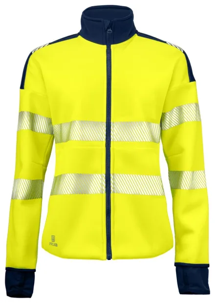 Felpa alta visibilità cardigan donna EN ISO 20471 classe 3/2 ProJob 6111 — Felpa cardigan alta visibilità donna. Tessuto tecnico. Inserti in softshell elasticizzato. Tasche con zip. Tasca interna in tessuto mesh. Polsini in softshell con asola per pollice. Inserti rifrangenti 3M.
