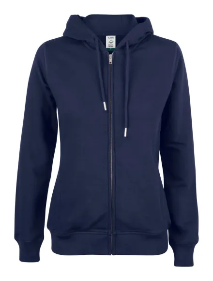 Felpa con cappuccio e zip Premium OC donna in cotone organico — Felpa full-zip in Cotone Organico con cappuccio. Tessuto non garzato stabilizzato. Costine 1/1 elasticizzate. Cuciture ribattute. Parasudore in twill con loop. Tasche laterali con zip. Asole per auricolari. Cerniere YKK metalliche.