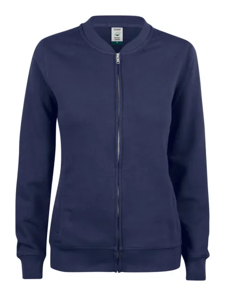 Felpa con zip Premium OC donna in cotone organico — Felpa cardigan in Cotone Organico. Colletto college. Tessuto non garzato stabilizzato. Costine 1/1 elasticizzate. Cuciture ribattute. Parasudore in twill con loop. Tasche laterali con zip. Asole per auricolari. Cerniere YKK metalliche.