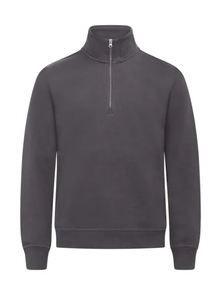 Felpa mezza zip Miami — Felpa mezza zip in cotone e poliestere riciclato. Tessuto morbido stabilizzato adatto ai lavaggi intensivi. Finissaggio anitpilling. Costine 2/2 elasticizzate. Cuciture ribattute. Nastrino collo in twill. Etichetta facilmente removibile. Cerniera SBS con finitura metallica.