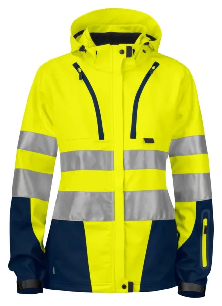Giacca alta visibilità softshell donna EN ISO 20471 classe 3/2 ProJob 6423 — Giacca donna alta visibilità in softshell triplo strato, impermeabile e traspirante. Cappuccio removibile. Tasche con zip impermeabilizzate. Tasche interne portadocumenti. Tasca per smartphone. Polsini e vita regolabili.