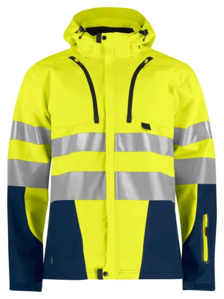 Giacca alta visibilità softshell EN ISO 20471 classe 3/2 ProJob 6419 — Giacca alta visibilità in softshell triplo strato, impermeabile e traspirante. Cappuccio removibile. Tasche con zip impermeabilizzate. Tasche interne porta documenti. Tasca per smartphone. Polsini e vita regolabili.