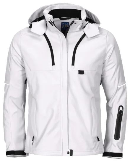 Giacca softshell donna ProJob 3412 — Giacca softshell donna. Tessuto tecnico in triplo strato, impermeabile e traspirante. Tasca per smartphone e predisposizione per auricolari. Tasche interne. Vita e polsini regolabili. Inserti rifrangenti.