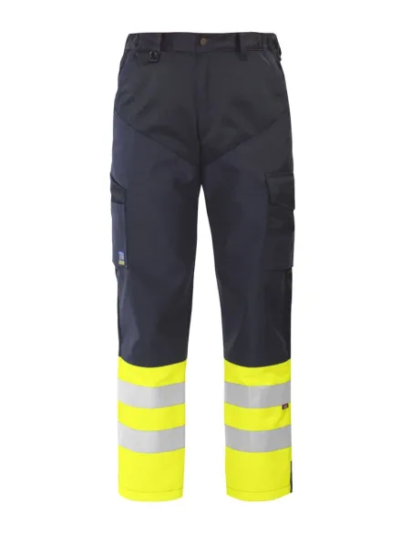 Pantaloni alta visibilità multitasche EN ISO 20471 classe 1 ProJob 6507 — Pantaloni alta visibilità. Scomparti e tasche porta attrezzi. Tasca per smartphone. Porta ginocchiere. Rinforzi in Cordura®. Retro senza tasche.