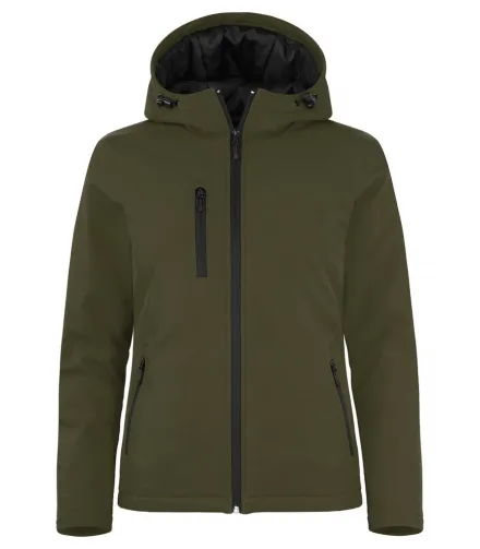 Softshell imbottito con cappuccio donna — Giubbotto softshell imbottito con cappuccio. Tessuto esterno laminato a tre strati morbido ed elasticizzato. Cappuccio fisso con coulisse elastica. Tre tasche esterne con zip. Taschino interno con chiusura in velcro. Fodera con zip nascosta per agevolare stampe e ricami.