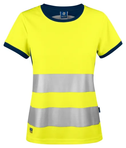 T-shirt alta visibilità donna EN ISO 20471 classe 2 ProJob 6012 — T-shirt alta visibilità traspirante. Tessuto stabilizzato antipiega. Bande rifrangenti.