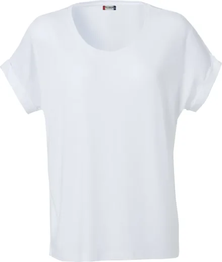 T-shirt Katy donna — T-shirt donna loose-fit. Tessuto morbido elasticizzato. Girocollo ampio. Maniche risvoltate. Cuciture laterali.